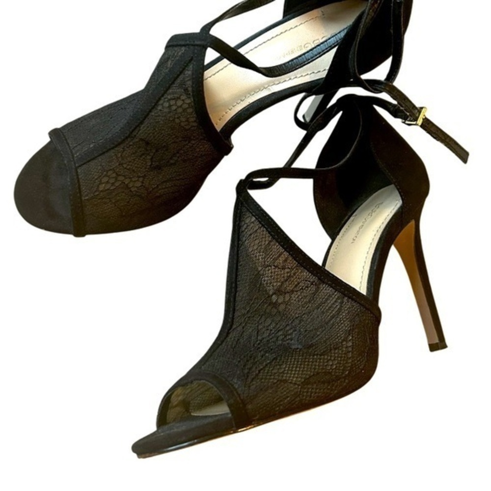 BCBGeneration Black Lacey Stiletto Ankle Strap Heels + Peep Toe, Women Size 7.5